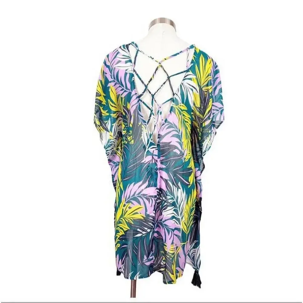 Palisades Beach Club Womens Tropical Green Printed Pullover Swim Cover-Up Size L